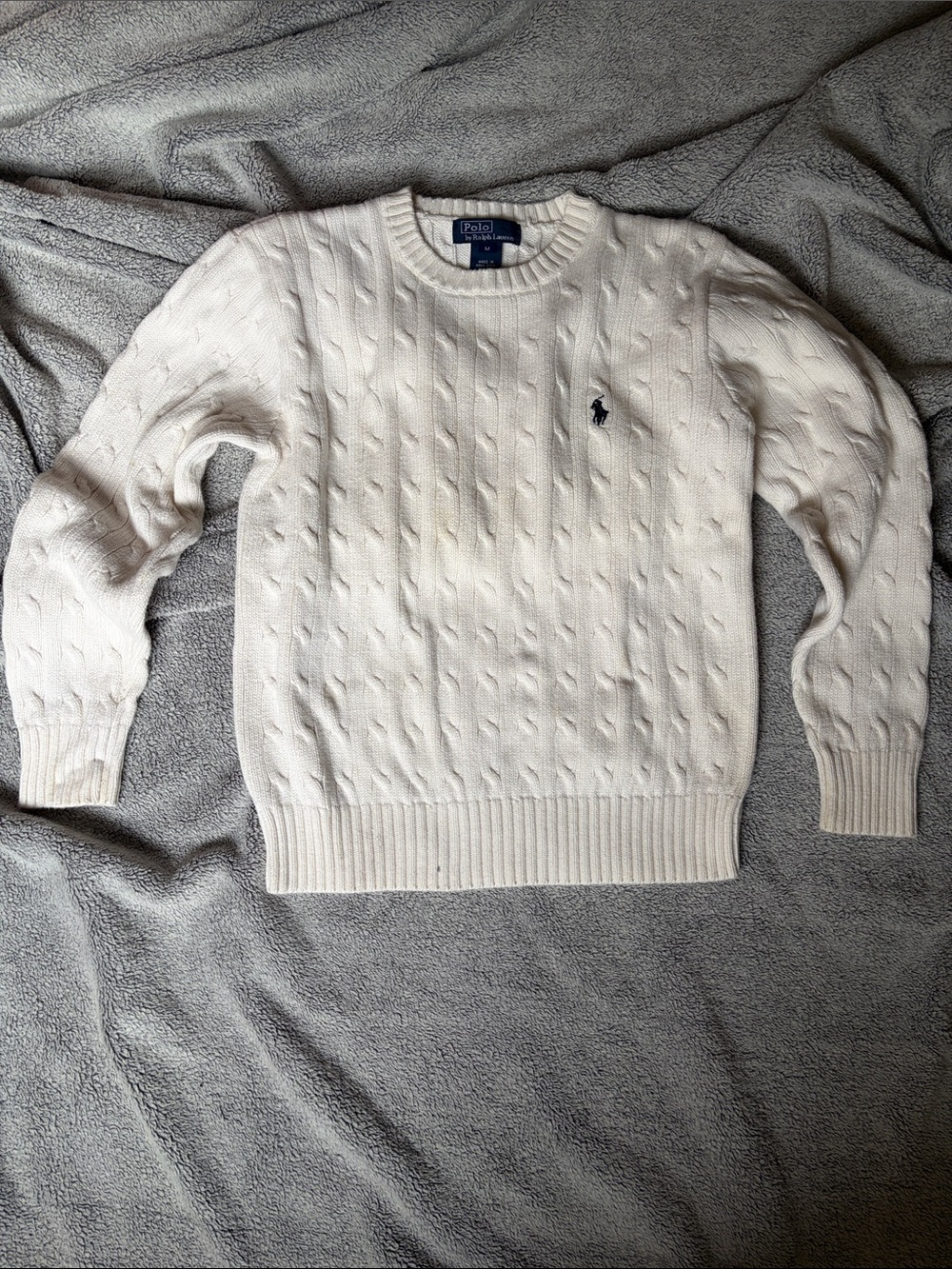 Polo by Ralph Lauren Light Cream Cable Knit Crewneck Sweater with Navy Pony